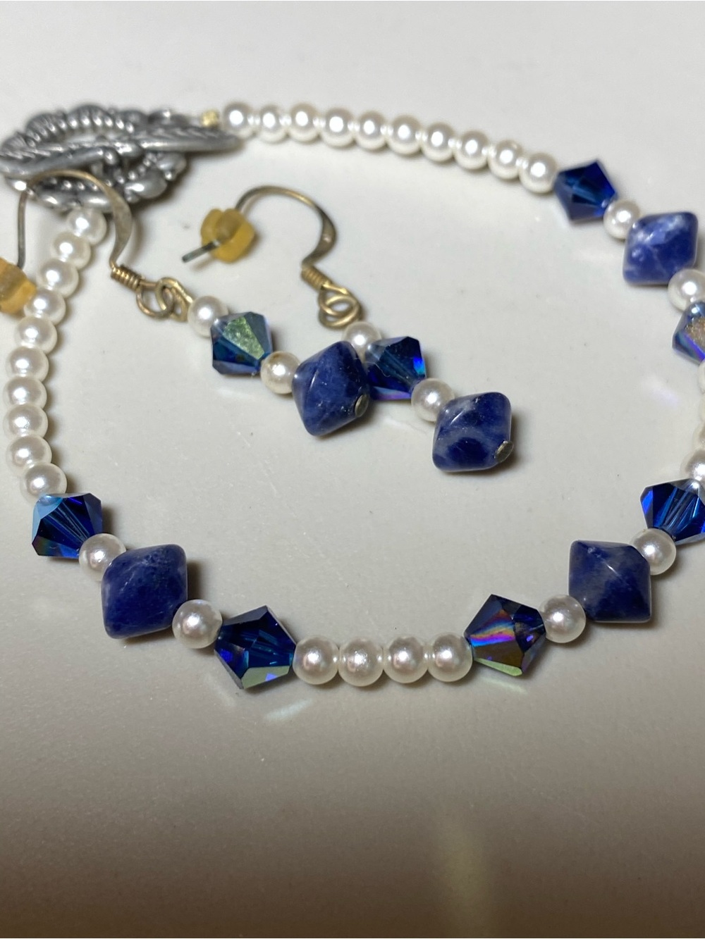 Pearl and Lapis-Style Blue Austrian Crystal bracelet with Matching Earrings